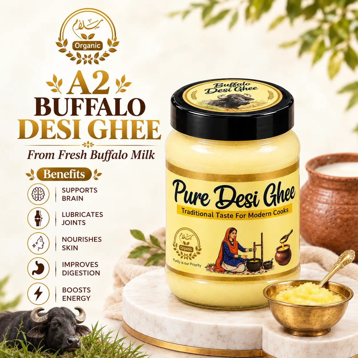 Golden pure Buffalo Desi Ghee in a spoon - traditional homemade ghee Pakistan